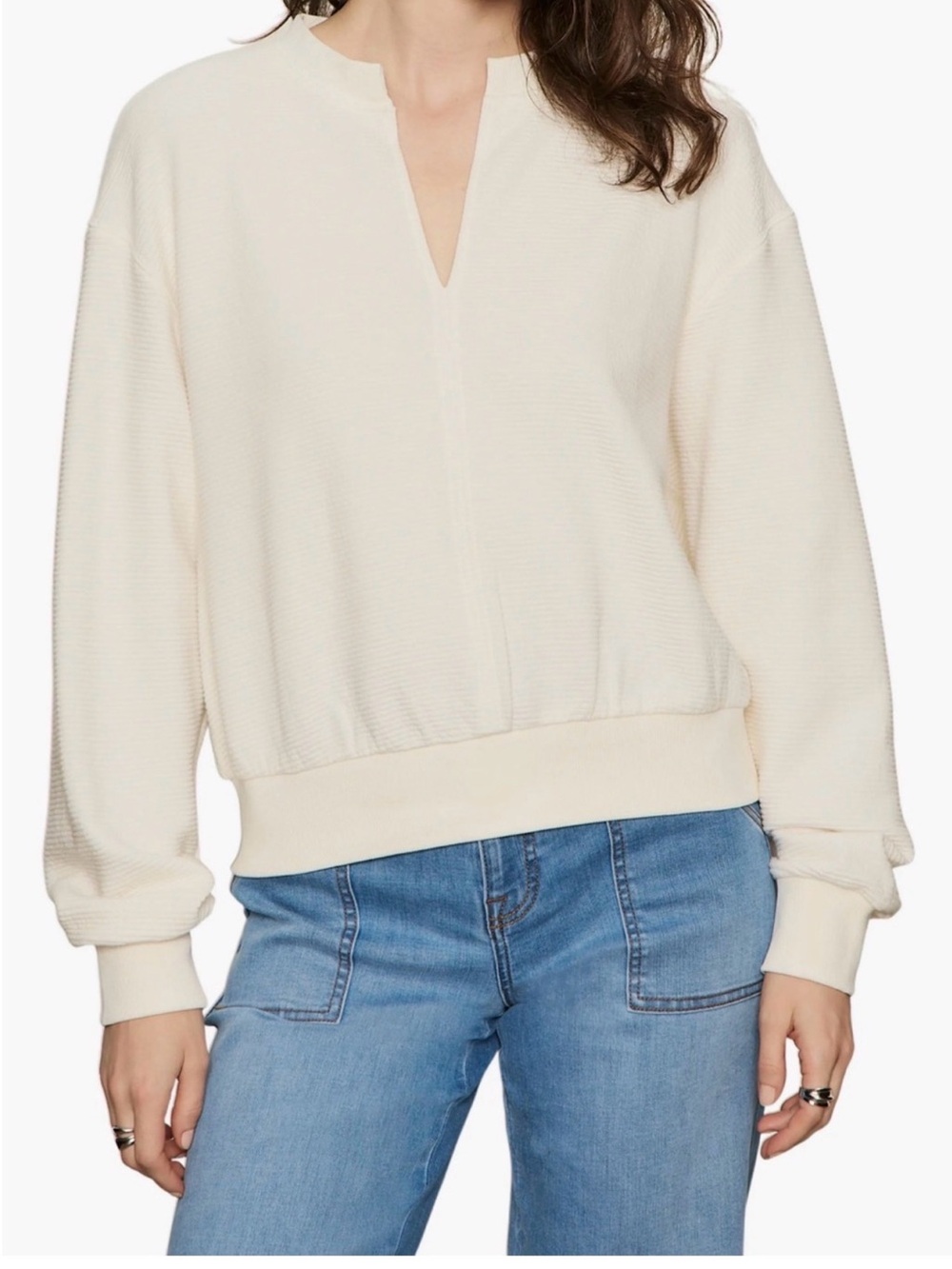 Sanctuary Evereve Textured Pullover Sweatshirt Split Neck Pullover cream L